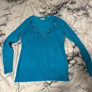 New York & Company aqua blue XS sweater with crystals and beads